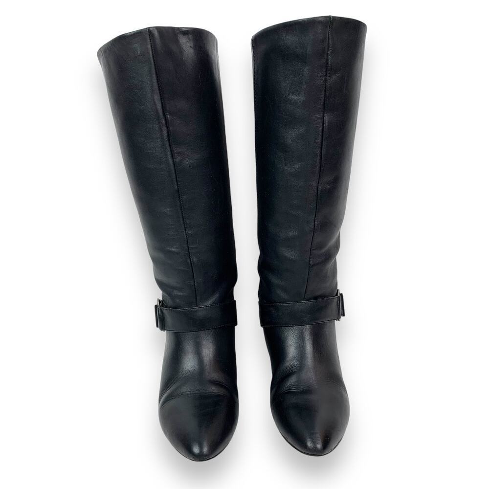 2000's MARC FISHER tall black leather boots with silver ring and low heels - Picture 4 of 12